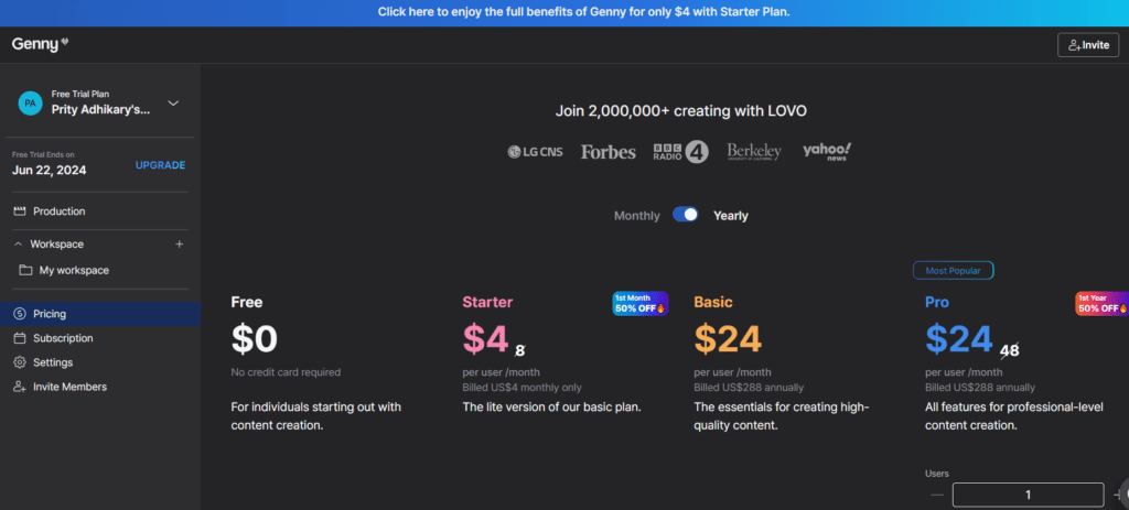 lovo ai pricing page