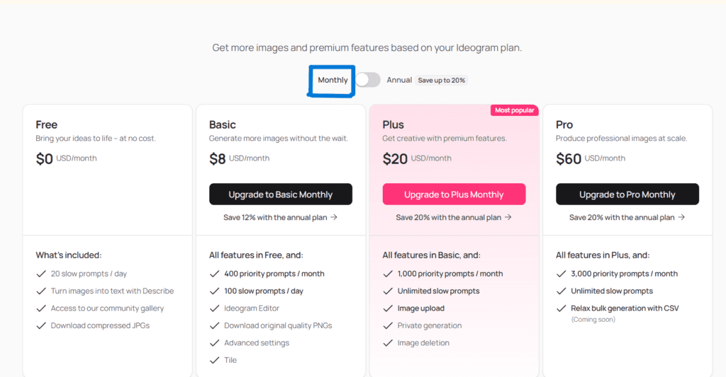 Ideogram AI pricing list monthly