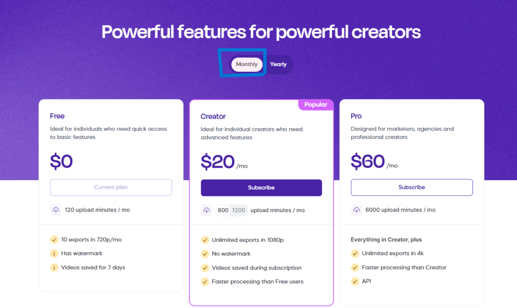 Vizard Ai monthly price