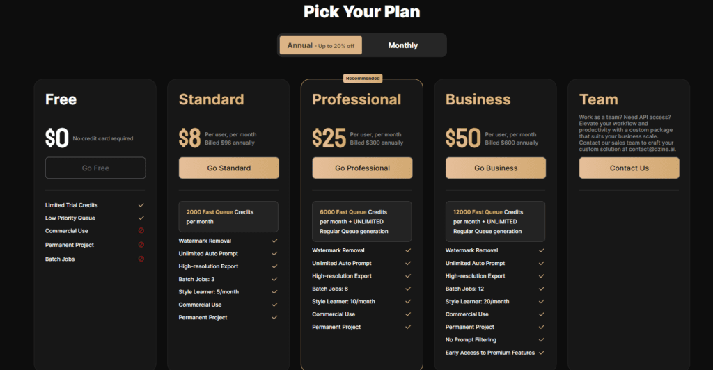  Dzine AI pricing