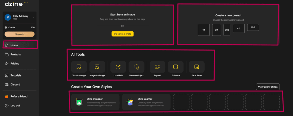  Dzine AI settings dashboard