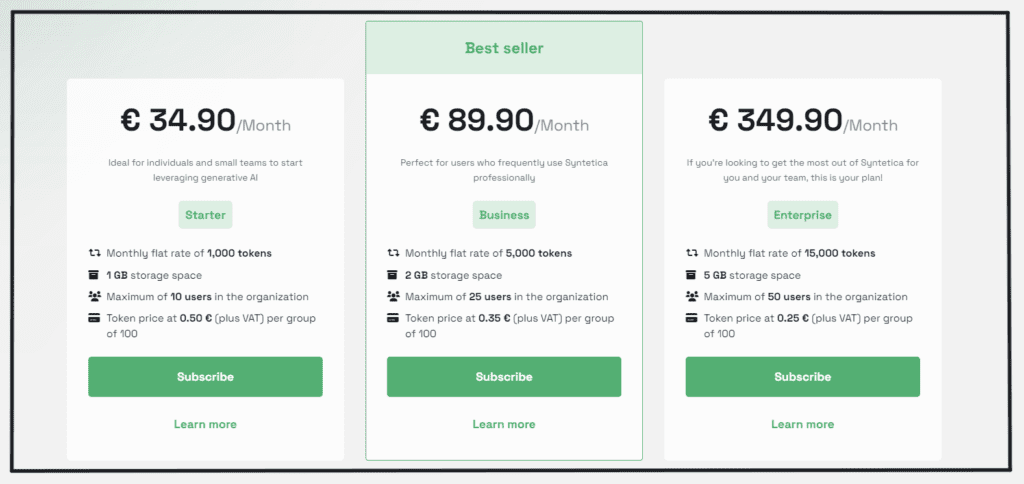 Syntetica AI Pricing quarterly