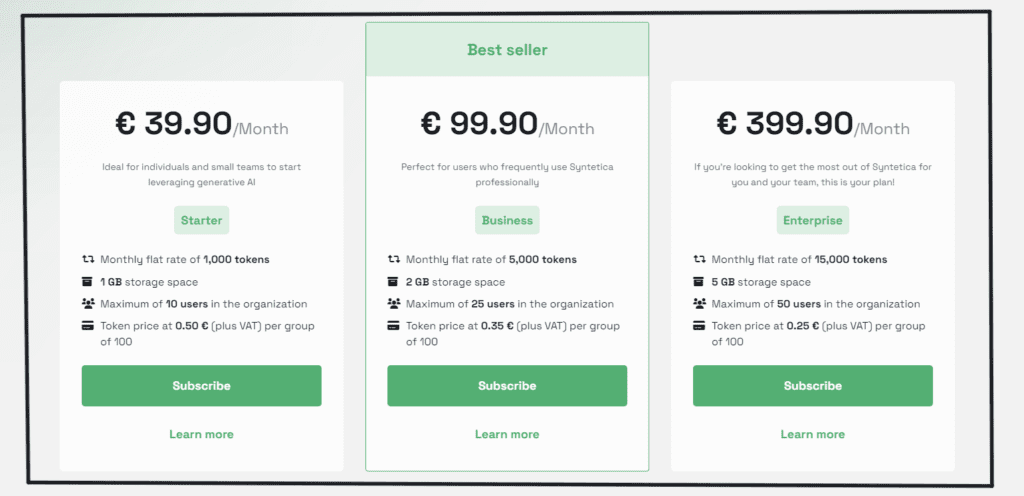 Syntetica AI Pricing monthly