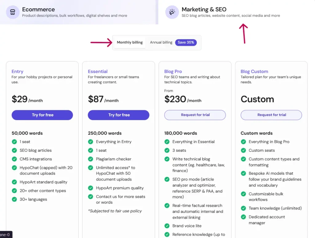  Hypotenuse AI Monthly plan details of Marketing & SEO