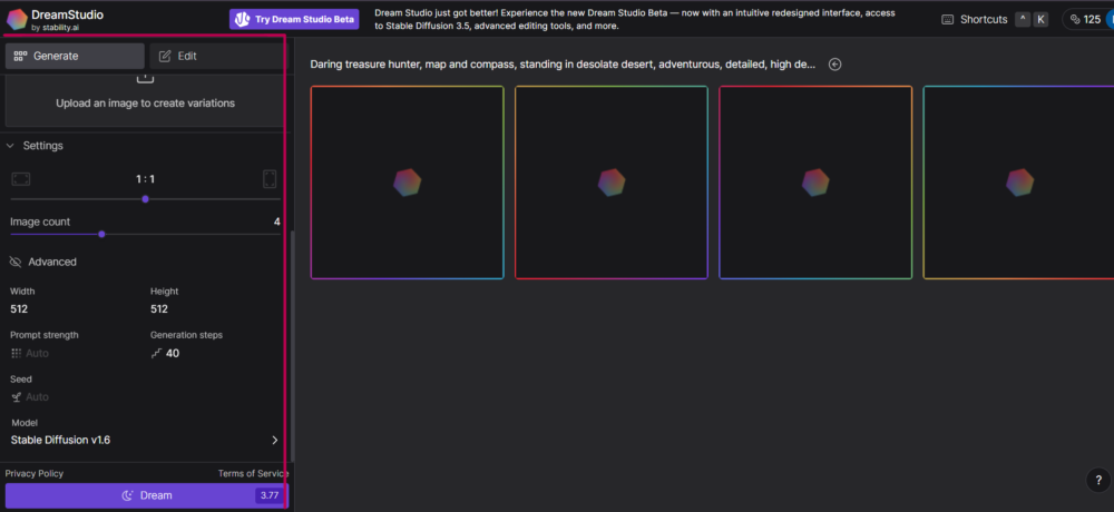Dream Studio Beta Text-to-Image dashboard